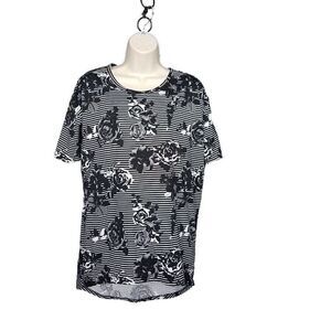 Lularoe Classic XXS T Shirt Top Black White Floral Stripe High Low Blouse 2XS